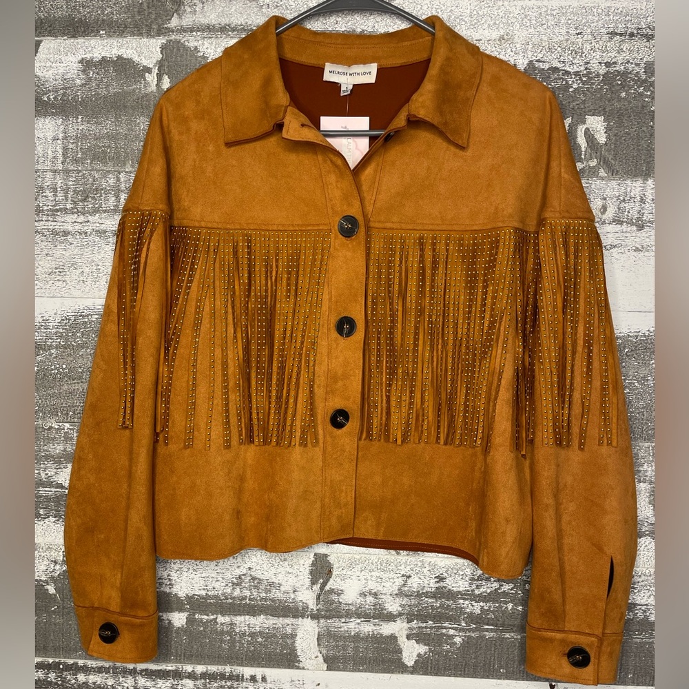 Faux Suede Fringe Button-Down Jacket
